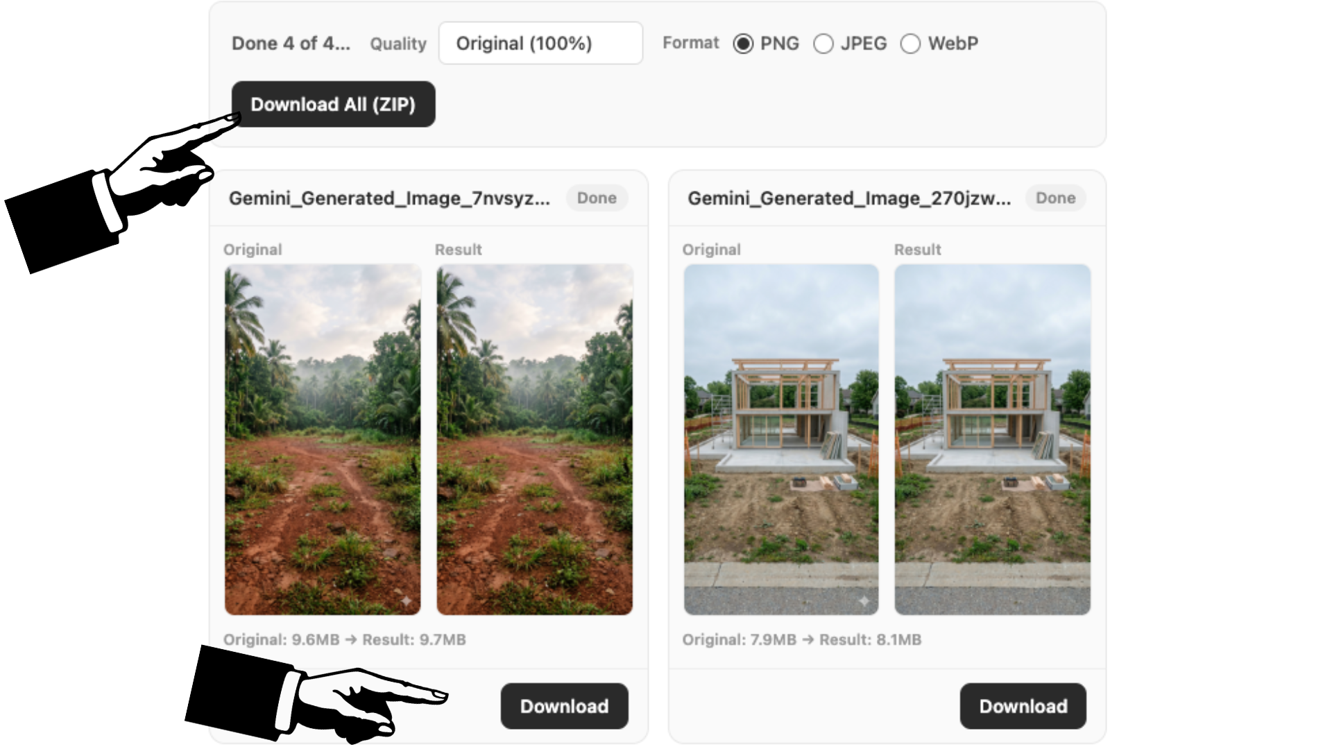 Download buttons and result preview